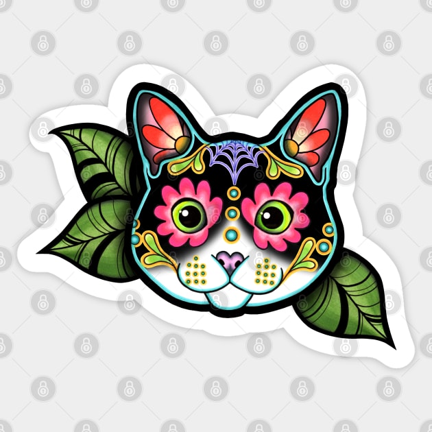 Tuxedo Cat - Day of the Dead Black and White Sugar Skull Kitty Sticker by prettyinink